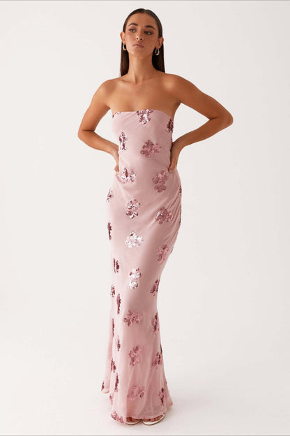 Strapless Sequin Floral Embellished Sheer Mesh Column Maxi Gown
