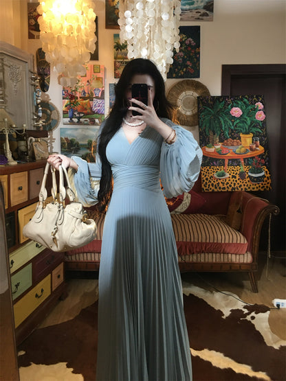 Misty Blue Pleated Panel Maxi Dress –   Flowy Elegant Slimming Gown gunne sax vintage dress