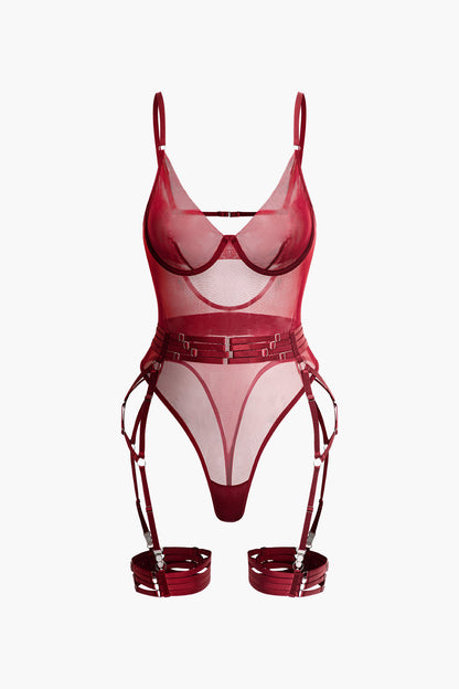Sheer Mesh Belted Backless Bodysuit With Glove