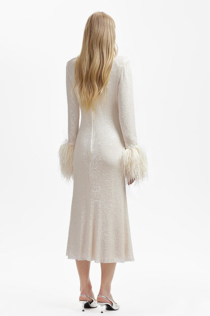 Sequin Feather Round Neck Midi Dress