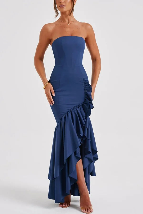 Strapless Ruched Hip Cascade Tiered Ruffle High-Low Maxi Gown