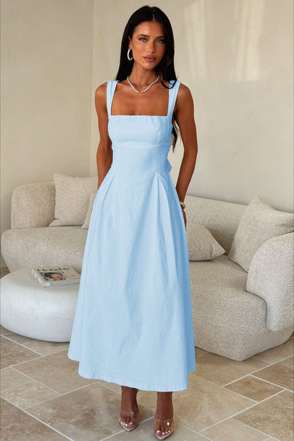 Square Neck Wide Strap Princess Seam Corset Bodice Flared Midi Dress