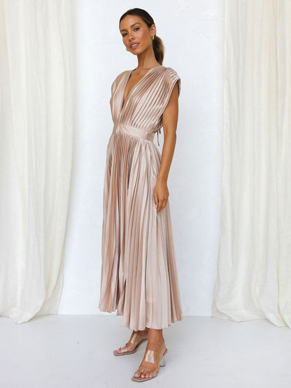 Midi Dress V-Neck Sleeveless Casual Oversized Pleated Party Dress