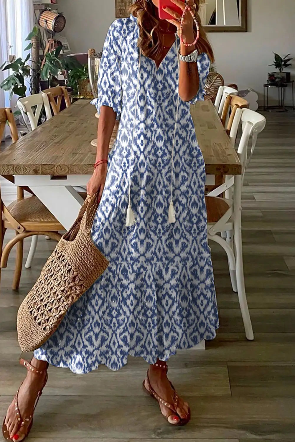 geometric print v neck maxi dress in sky blue