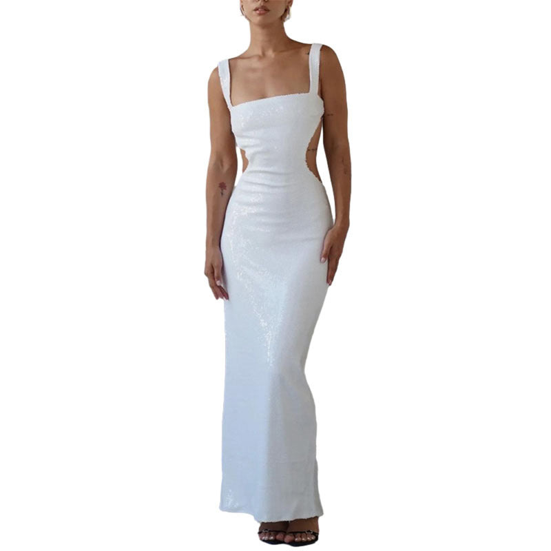 Sequin Square Neck Tank Strap Side Cut Out Bodycon Maxi Dress