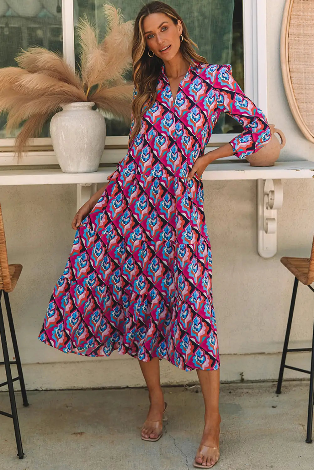 abstract geometric print high waist maxi dress