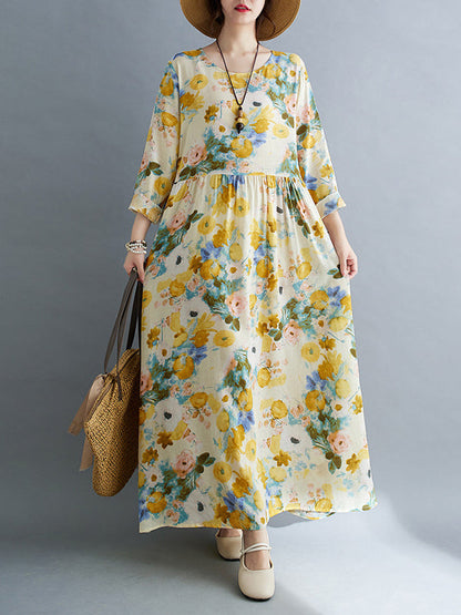 Long Sleeves Loose Flower Print Split-Joint Round-Neck Midi Dresses