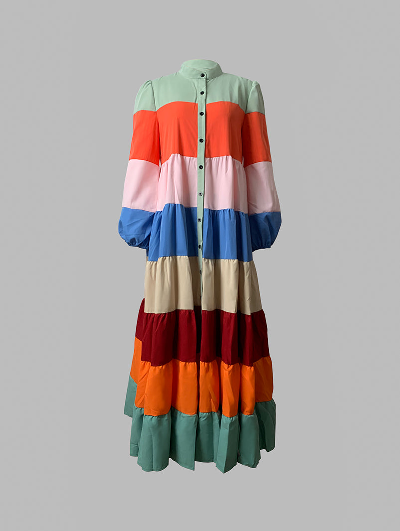 Long Sleeves Loose Buttoned Contrast Color Striped Stand Collar Maxi Dresses Outerwear