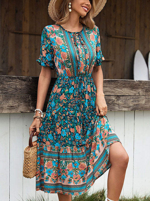 Floral Print Bohemian V-Neck Short Sleeves Midi Dress