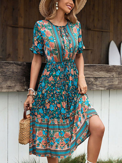 Floral Print Bohemian V-Neck Short Sleeves Midi Dress
