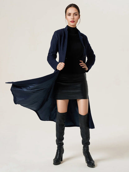 Woolen Flared Coat For Woman Stand Collar A-line Elegant Dark Navy Winter Midi Outerwear 2026