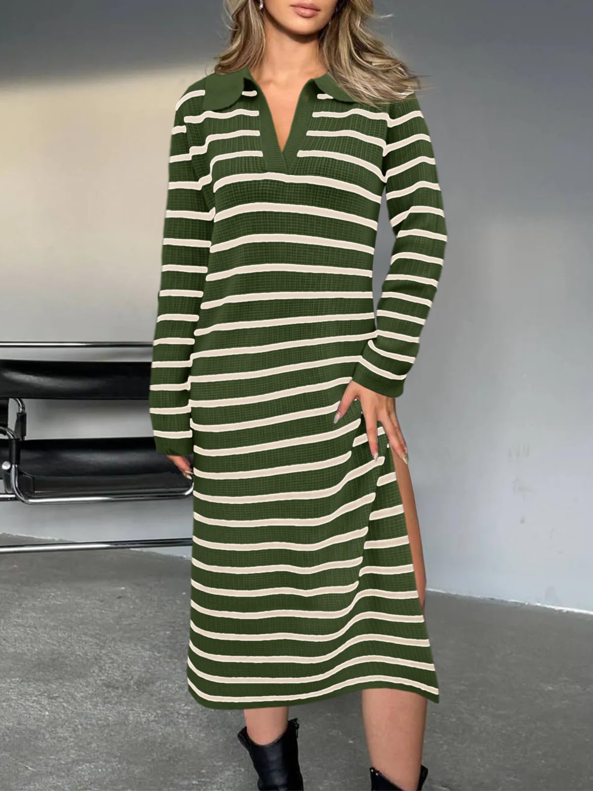 Fall Chunky Knit V Neck Collared Long Sleeve Sexy Slit Loose Midi Dresses