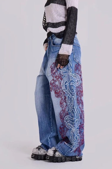 Vintage Embroidered Washed Slouchy Street Casual Jeans
