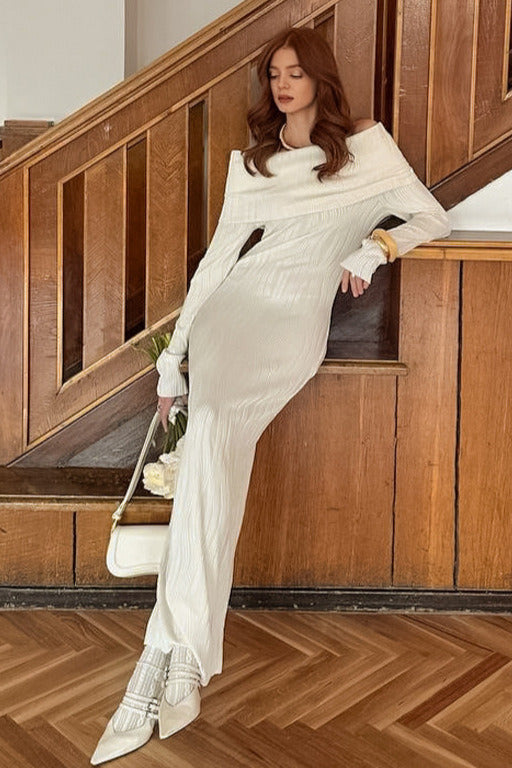 Off Shoulder Ribbed Knit Wavy Texture Long Sleeve Bodycon Midi Dress