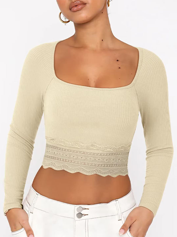 Solid Color Lace Hem Square Neck Crop Long Sleeve Knit