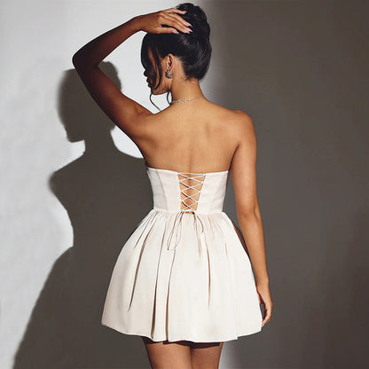 TARUXY Women Splice Strapless Mini Dress Sleeveless Sexy Elegant Back Lace Up High Waist Solid Female Short Evening Dress Summer