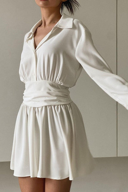 Pointed Collar Deep V-Neck Pleated Waistband Cuff Long Sleeve Mini Dress