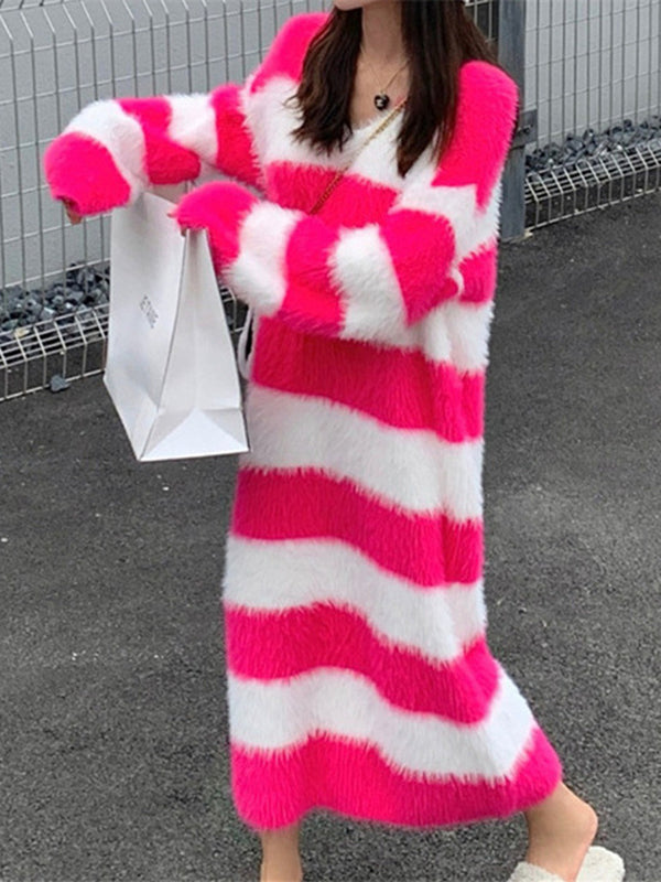 Long Sleeves Loose Striped V-Neck Knit Dresses Midi Dresses