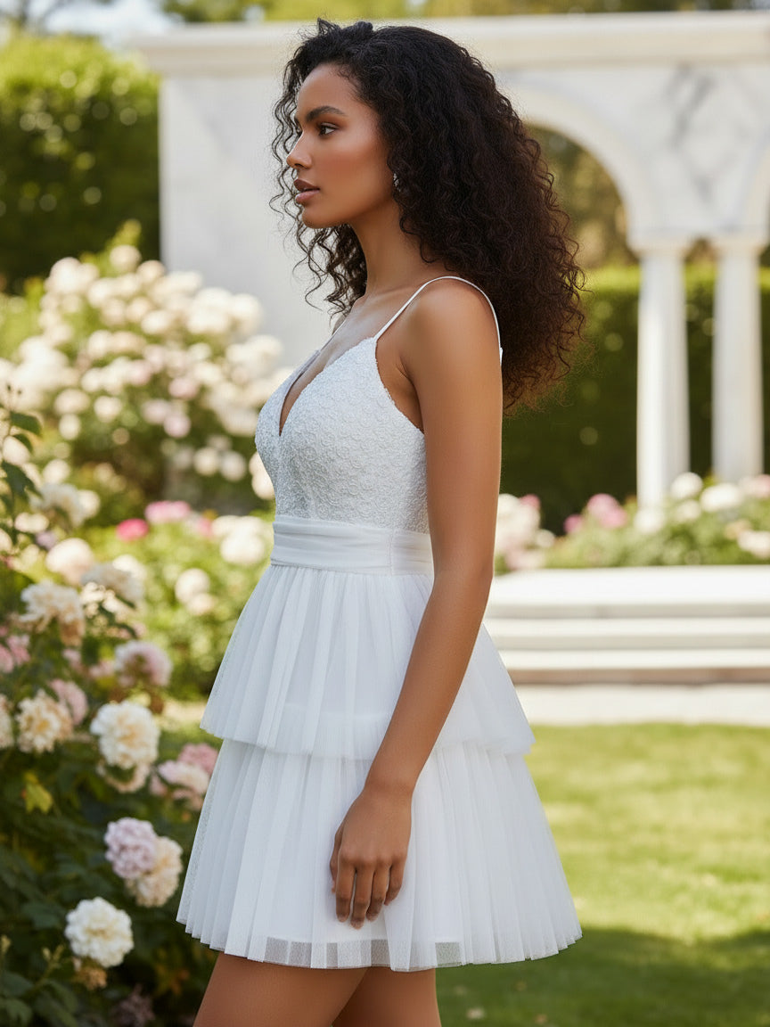 White V-Neck Mini Slip Dress With Flowers For Party 2026
