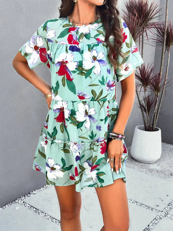 Botanical print short-sleeved tiered mini dress