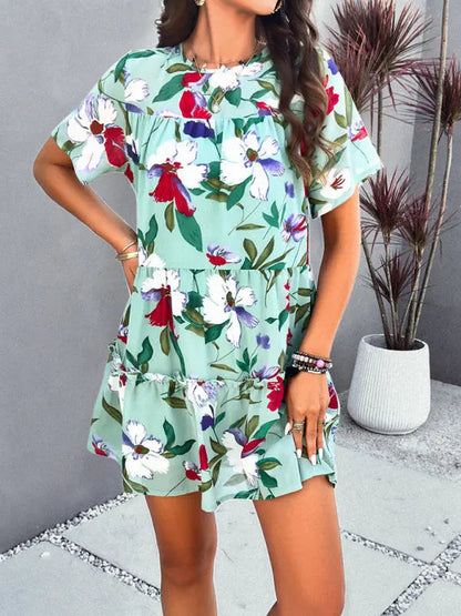 Botanical print short-sleeved tiered mini dress
