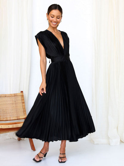 Midi Dress V-Neck Sleeveless Casual Oversized Pleated Party Dress