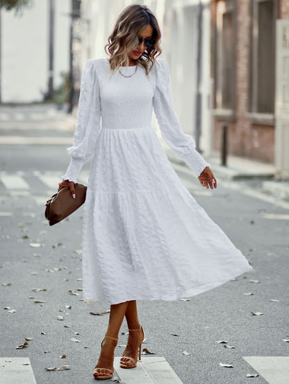 Pleated Midi Dress Lantern Sleeves Cuffs Layering Day Dresses