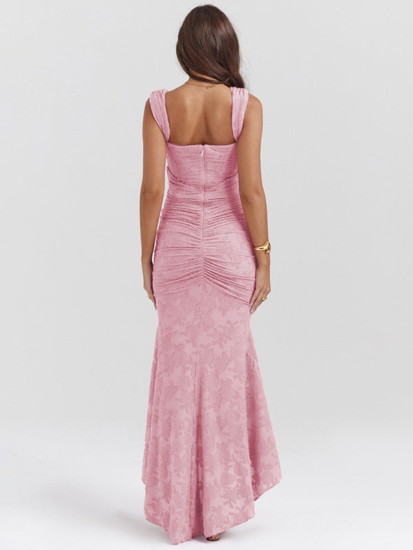 Lace Embellished Dress Sleeveless Gathered High-Low Prom Maxi Dresses