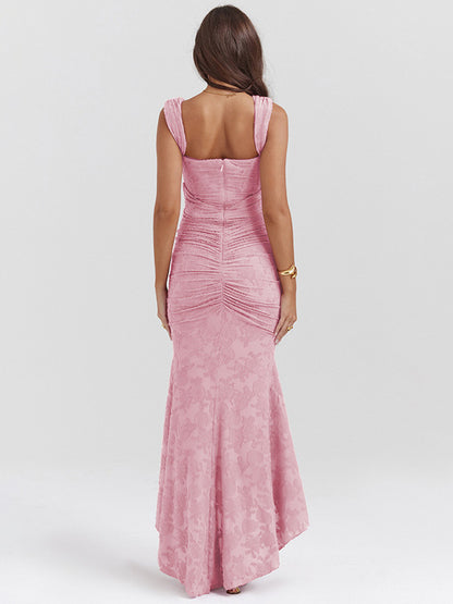 Lace Embellished Dress Sleeveless Gathered High-Low Prom Maxi Dresses