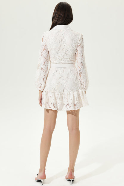 Long Sleeve V-Neck Belted Cut-Out Mini Dress White