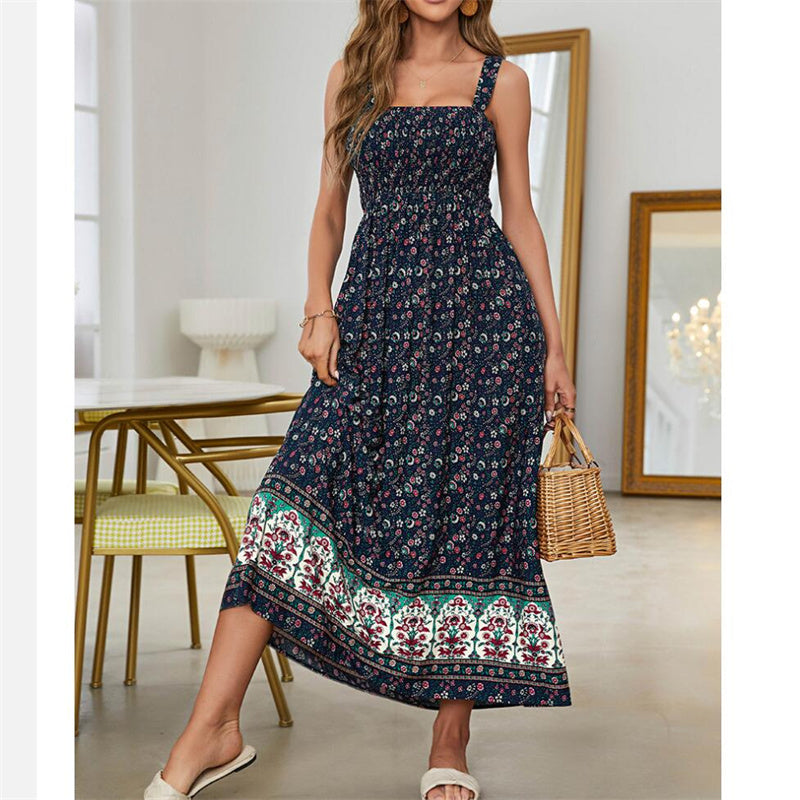 Beach Flower Print Maxi Dress in Apricot Green Navy
