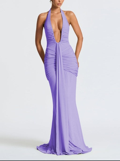 Halter Neck Deep V-neck Fitted Waist Long Dress Sexy Backless Ribbon Fishtail Long Dress