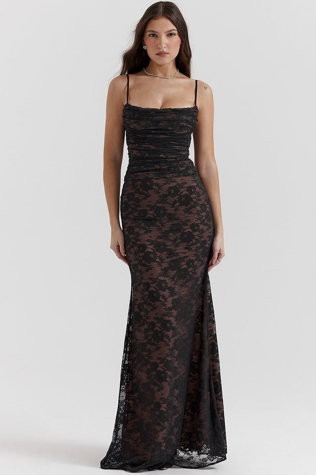 Square Neck Spaghetti Strap Floral Lace Scalloped Hem Maxi Dress with Long Sleeve Bolero