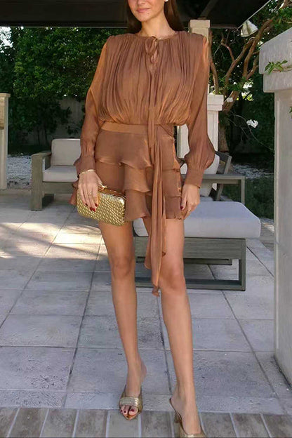 Margovil Lantern Long Sleeves Draped Ruffle Layered Mini Dress with Shorts