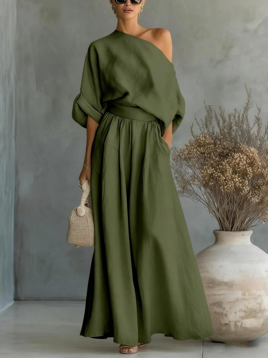 Loose-fit Off-shoulder Jacket Wide-leg Pants Set 2-piece Sets