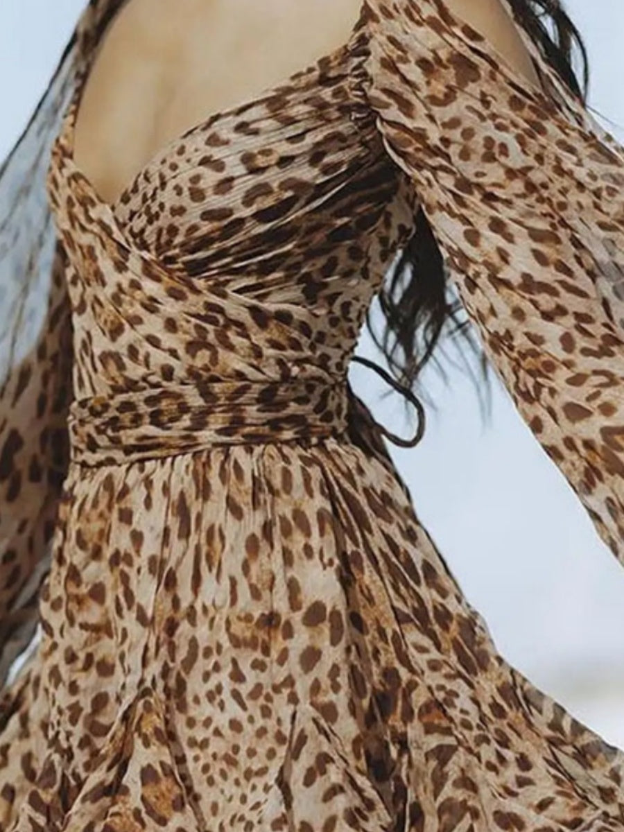 Off-shoulder Square Collar Big Swing Ruffle Leopard Print Mini&Short Dresses