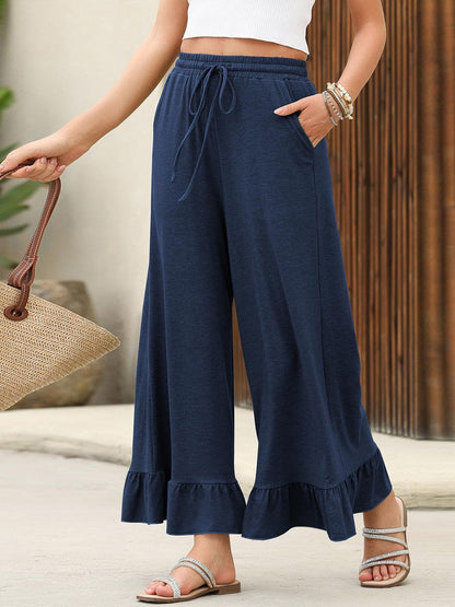 Women's Cropped Trousers With Ruffles, Thin, Loose-fitting, Casual Style