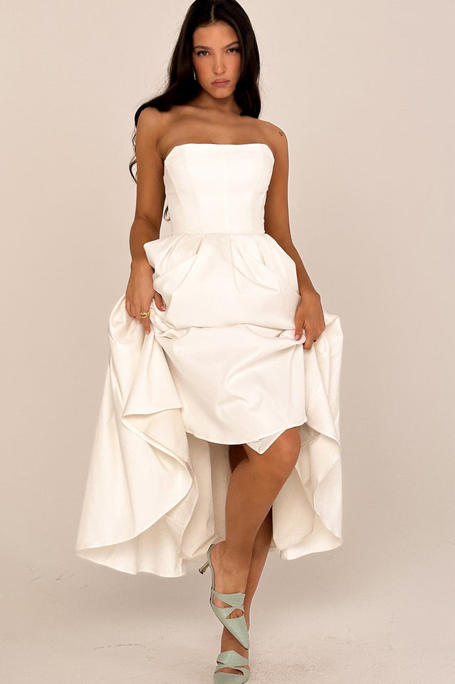 Strapless Princess Seam Pleated A-Line Midi Dress