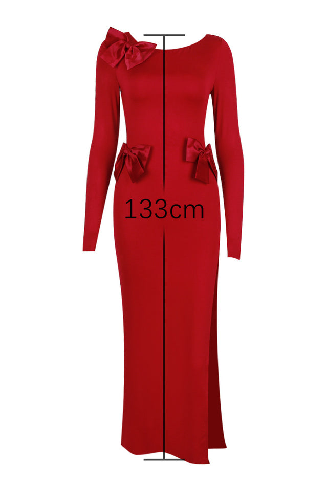 Boat Neck Long Sleeve Shoulder Bow Side Cutout Hip Bow Column Maxi Gown