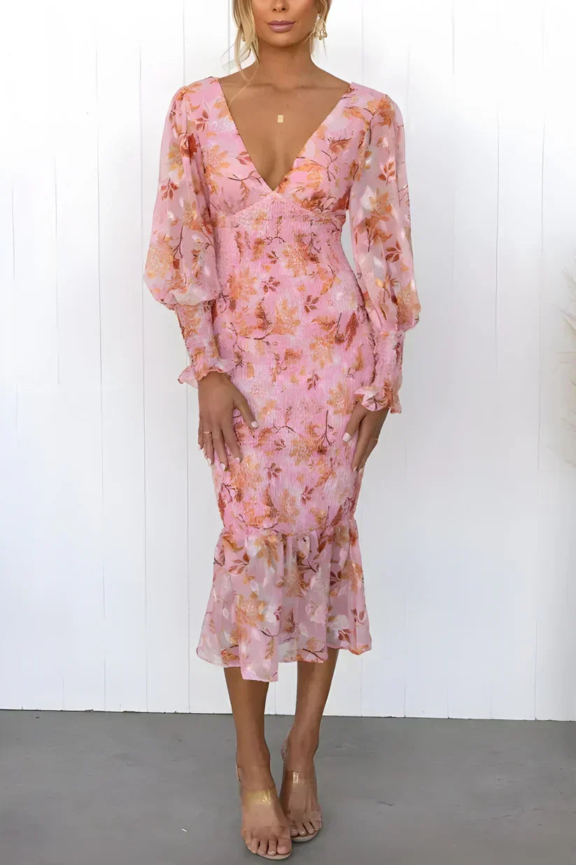 Floral Print Plunge V-Neck Balloon Sleeve Smocked Flounce Hem Midi Dress