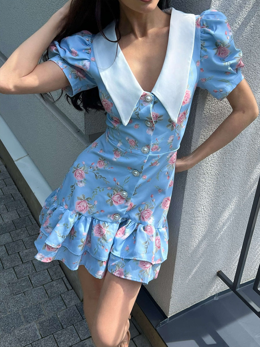 Waist Printed Floral Lapel Puff Sleeve Sweet Mini&Short Dresses