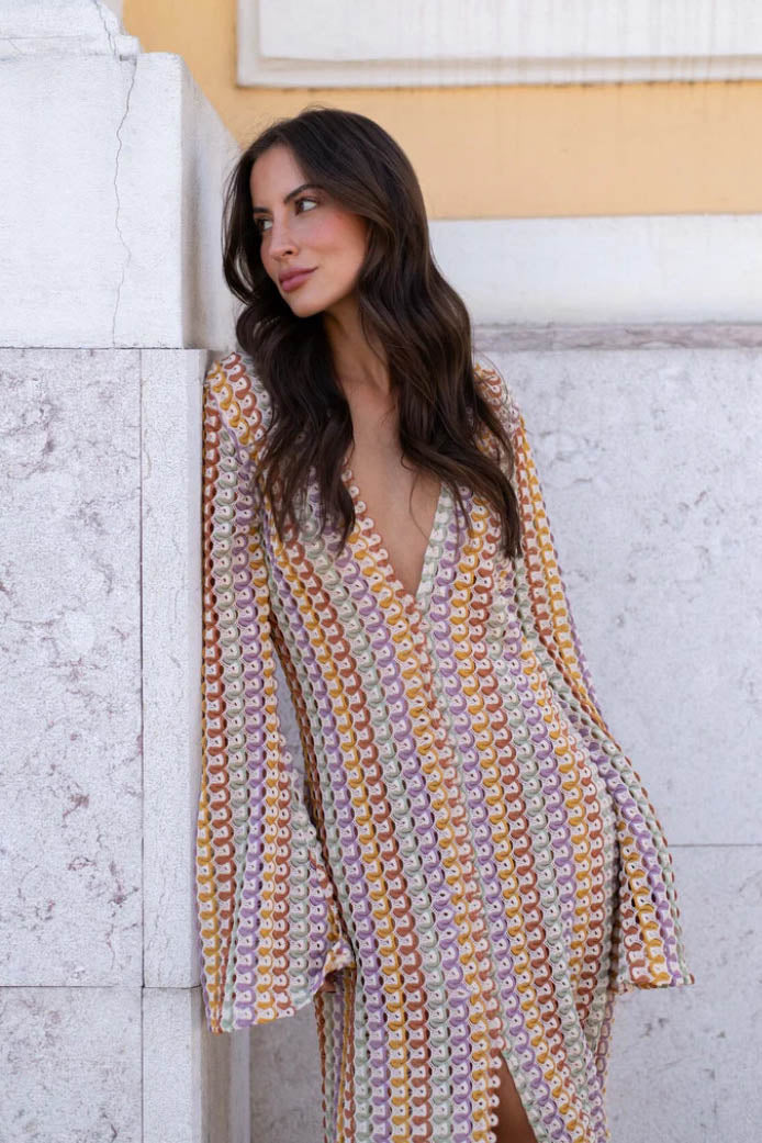 Scallop Circle Print Deep V-Neck Long Sleeve Front Slit Maxi Dress