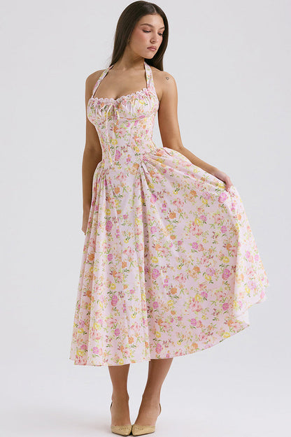 Halter Sweetheart Neck Lace Trim Ditsy Floral Corset Bodice Midi Dress