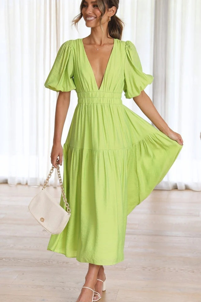 V Neck Puff Sleeve Smocked Empire Waist Tiered Midi Dress