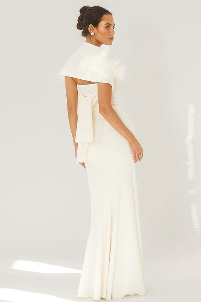Strapless Rib Knit Neck Scarf Trumpet Hem Mermaid Maxi Gown
