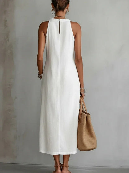 Halter Solid Color Lace Stitching Loose-fit Sundress Maxi Dresses