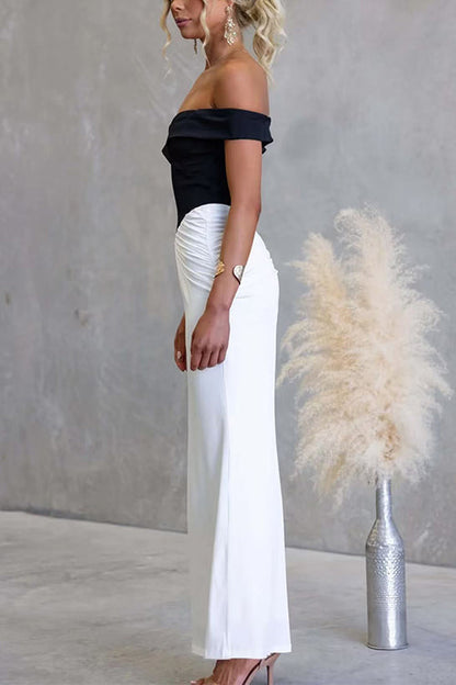 Off Shoulder Zipper Back Color Block Maxi Dress