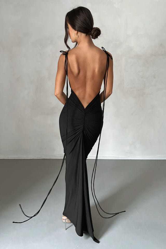 Deep V Back Tie Strap Ruched Gathered Back Bodycon Maxi Dress