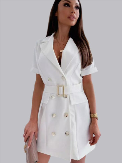Double-breasted Lapel Belts&Chain Short Sleeve Waist Short Suit Dress
