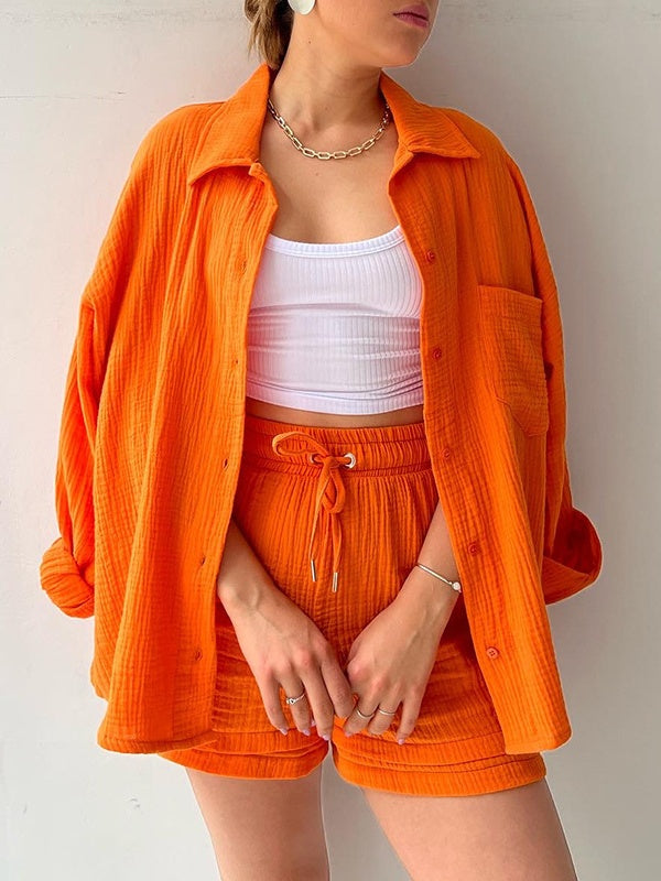 Long-sleeved Shirt And High-waisted Drawstring Shorts Casual Two-piece Set
